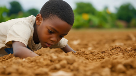 A young boy is intently exploring the soil on a farm, showcasing curiosity and determination. The image captures the essence of childhood engagement with nature and farming.の素材