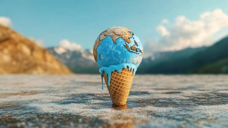 A creative representation of a melting ice cream cone shaped as the Earth, highlighting urgent issues like climate change and environmental impact with a scenic background.の素材