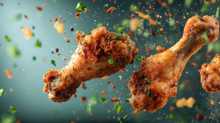Two crispy fried chicken drumsticks fall through a flavorful spice explosion. The vibrant scene showcases herbs and spices, highlighting culinary delight.の素材