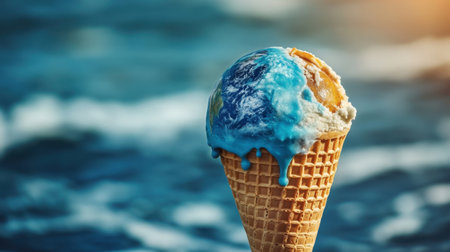 A vibrant ice cream cone features a melting globe, symbolizing Earth and ocean. This colorful dessert evokes a sense of fun and nature, ideal for summer.の素材