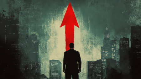 A striking image of a silhouette of a man in a suit standing against a city skyline, with a prominent red arrow pointing upward, symbolizing growth and ambition.の素材