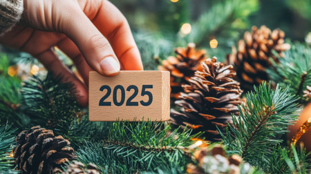A close-up of a hand holding a wooden block marked with 2025, surrounded by pine branches and cones. Perfect for showcasing festive spirit and New Year celebrations.の素材