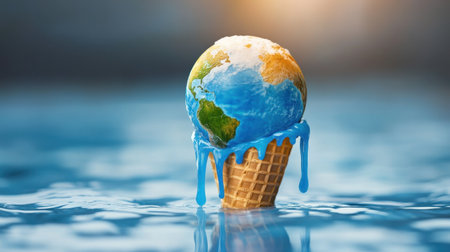 A captivating image of a melting globe atop an ice cream cone, illustrating the impacts of climate change. This creative representation highlights environmental issues and their urgency.の素材