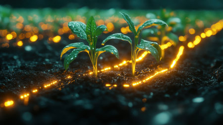 This captivating image features illuminated seedlings emerging from dark, rich soil, adorned with dew drops. The glowing effect symbolizes growth and sustainability in nature.の素材