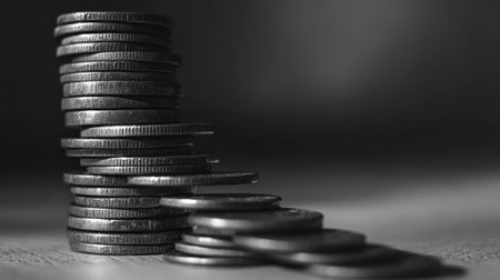 A close-up view of a stack of silver coins captured in black and white, showcasing texture and shine against a softly blurred background, emphasizing finance.の素材