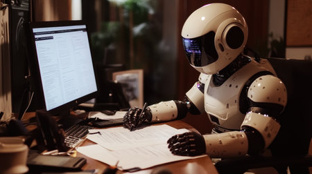 A humanoid robot engages in work at a modern office desk, surrounded by paperwork and a computer, showcasing the future of technology and automation in professional settings.の素材