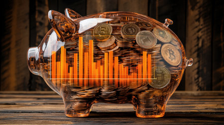 A transparent piggy bank filled with coins and cryptocurrency, showcasing a financial growth graph. This image symbolizes saving and investment strategies.の素材
