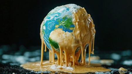 A striking image of a globe melting with a creamy substance, highlighting environmental issues. This artistic representation evokes thoughts on climate change and its impact.の素材