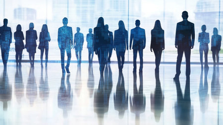 A group of silhouetted business people in a modern office space, with a digital data overlay creating a futuristic atmosphere that symbolizes connection and collaboration.の素材