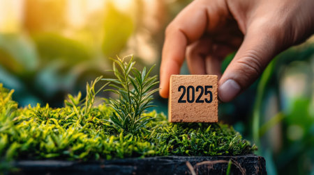 A hand sets a wooden block labeled 2025 amongst vibrant greenery, symbolizing growth and renewal. This image captures a moment of connection with nature and the future.の素材