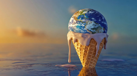 A surreal image depicting a melting ice cream cone with Earth on top, symbolizing the urgent issues of climate change and global warming.の素材