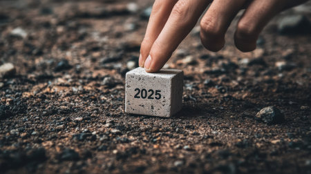 A close-up view of a hand placing a concrete block marked with the year 2025 on the ground. This image symbolizes future goals, aspirations, and transitions, capturing a moment of intention in a natural setting.の素材