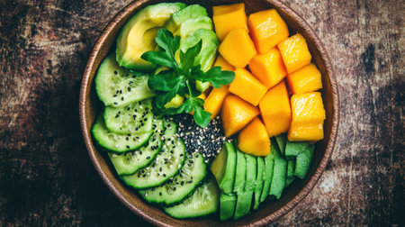A vibrant bowl filled with fresh fruits and vegetables like avocado, cucumber, and mango. Perfect for healthy eating and visually appealing presentations.の素材