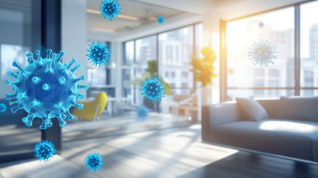 An artistic representation of virus particles in a modern living room, emphasizing health awareness and the importance of cleanliness in everyday environments.の素材
