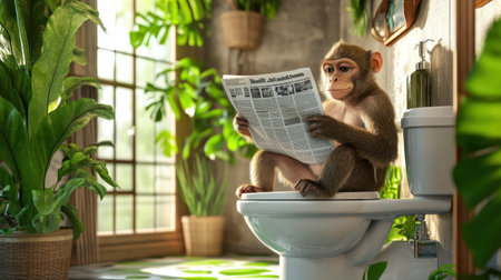 A playful monkey is reading a newspaper while seated on a toilet in a vibrant bathroom filled with lush greenery. The scene captures humor and a relaxing atmosphere, showcasing an imaginative blend of nature and everyday life.の素材