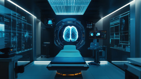 Explore a futuristic medical imaging room equipped with advanced technology and imaging tools. This clean, high-tech environment is designed for brain scans and medical diagnostics.の素材