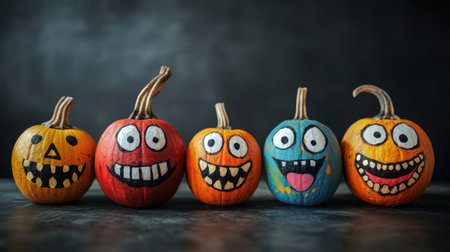 Five colorful pumpkins with playful faces create a cheerful Halloween atmosphere. Each pumpkin features unique designs, bringing joy to fall celebrations.の素材