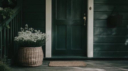 A serene entrance featuring a charming green door, a woven basket of white flowers, and a rustic welcome mat, perfect for adding welcoming charm to any home.の素材