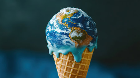 A creative depiction of a melting ice cream cone with the earth globe, symbolizing climate awareness and the sweet treat of summer. Perfect for environmental campaigns.の素材