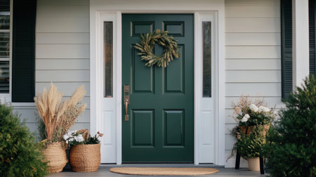 A charming green front door adorned with a beautiful wreath and potted plants creates an inviting entrance to a cozy home. The design reflects warmth and tranquility.の素材