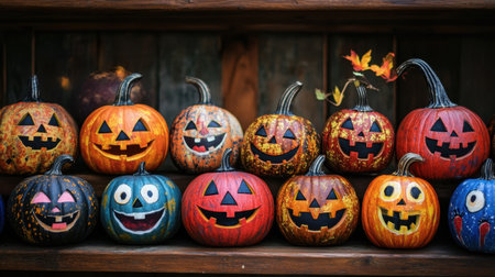 A vibrant collection of creatively carved Halloween pumpkins featuring various smiling faces. Perfect for seasonal decoration and festive celebrations.の素材