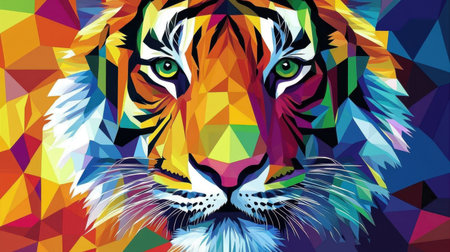 This vibrant geometric art piece features a tiger's face, showcasing colorful patterns and intricate details. An imaginative representation of wildlife.の素材