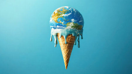 This creative image features a melting ice cream cone shaped like Earth, symbolizing climate change. The blue background enhances the striking visual message.の素材