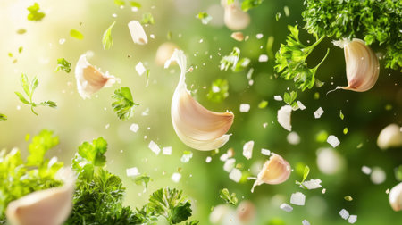 A dynamic composition showcasing fresh garlic cloves and herbs falling through the air, creating a sense of motion and freshness in a vibrant green setting.の素材