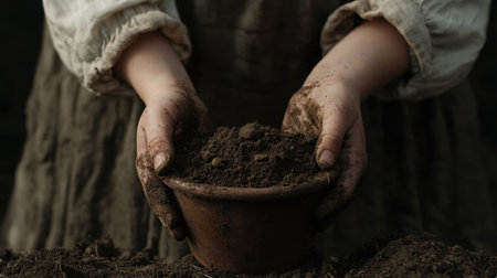 Closeup of hands holding a bowl of rich, earthy soil ready for planting. The image captures the essence of nurturing and growth in nature.の素材