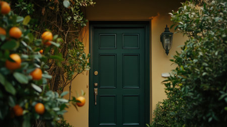 A captivating green door framed by lush greenery and vibrant citrus fruits. This inviting entrance showcases a harmonious blend of nature and architecture, perfect for enhancing any garden or home theme.の素材