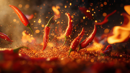 A dramatic composition of vibrant red chili peppers surrounded by a cloud of spices, showcasing the essence of heat and flavor in culinary creations.の素材