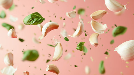 Experience a vibrant display of flying garlic cloves and fresh basil leaves against a soft pink background. Perfect for culinary and food-themed projects.の素材