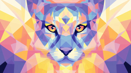 This vibrant geometric artwork features a lion's face, showcasing a blend of colors and shapes that creates a modern and captivating design perfect for decor.の素材