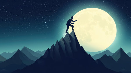A striking silhouette of a climber triumphantly standing on a mountain peak, illuminated by a large full moon in a starry night sky, symbolizing adventure and achievement.の素材