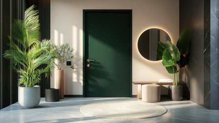 A stylish entrance featuring a green door, elegant plants, and a round mirror. This modern space combines minimalism and warmth to create an inviting atmosphere.の素材
