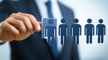 A businessman is selecting a unique candidate from a group of silhouettes, symbolizing the recruitment process. This image represents decision-making in hiring.の素材