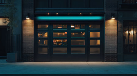 A captivating urban scene featuring a modern garage door with soft lighting at night. The combination of glass and brick creates an inviting atmosphere, perfect for nightlife.の素材