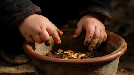 A child's dirty hands gently planting seeds in a pot filled with soil. This heartwarming scene captures the essence of childhood, exploration, and connection to nature.の素材