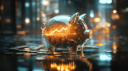 A transparent piggy bank sits on a reflective surface surrounded by coins, symbolizing financial growth and investment. The image highlights the importance of saving and planning for the future.の素材