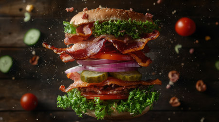 A tempting layered bacon burger showcasing fresh vegetables, crispy bacon, and a sesame seed bun, perfect for food lovers and culinary enthusiasts.の素材