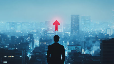 A silhouette of a businessman stands against a cityscape at night, with a glowing arrow pointing upward symbolizing growth and success in the corporate world.の素材