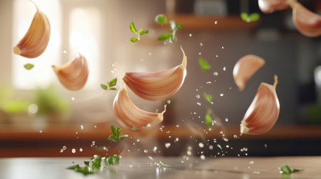 A vibrant scene showcasing flying garlic cloves and fresh herbs against a soft kitchen backdrop, capturing the essence of cooking and food preparation.の素材