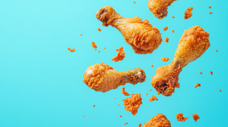 Delight in these airborne crispy fried chicken drumsticks, capturing the essence of indulgence. Perfect for food lovers and culinary enthusiasts alike.の素材