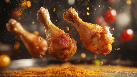 Dive into a mouthwatering scene featuring crispy chicken drumsticks surrounded by a flurry of spices and fresh ingredients, highlighting culinary creativity.の素材