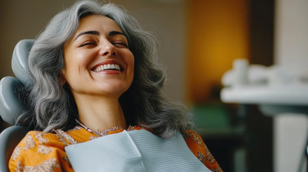 A joyful woman smiles during her dental checkup in a modern clinic, showcasing a positive experience in a comfortable healthcare setting.の素材