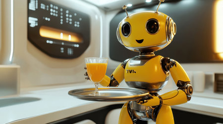 A cheerful yellow robot serves an orange drink on a tray in a sleek, futuristic kitchen. This playful scene showcases advanced technology and modern design.の素材