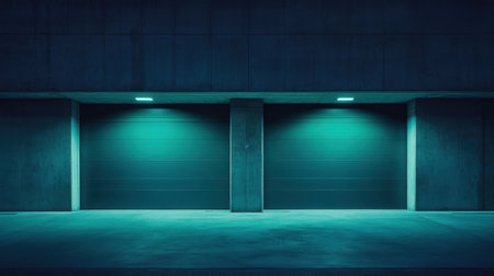 This image showcases a modern garage entrance illuminated by ambient blue lighting, emphasizing minimalist design and urban architecture in a serene nighttime setting.の素材