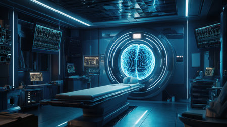 Explore a futuristic medical room featuring advanced brain imaging technology. The sleek environment showcases diagnostic equipment and monitors designed for healthcare professionals.の素材