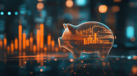 A digital piggy bank symbolizes the concept of savings and investment growth, showcasing charts and data visualizations, reflecting modern finance technology trends.の素材