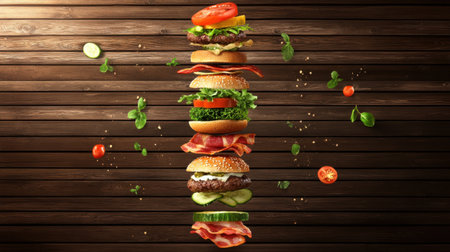 A mouthwatering vertical arrangement of a burger showcasing fresh ingredients like lettuce, tomato, and cucumber against a rustic wooden background.の素材